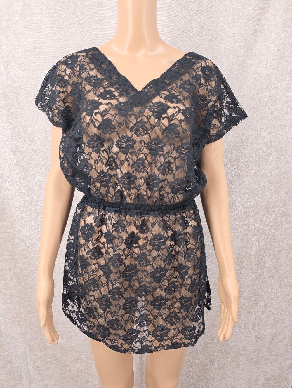 Sasson Vintage Sheer Black Lace Tunic Vneck Swimsuit Cover-Up